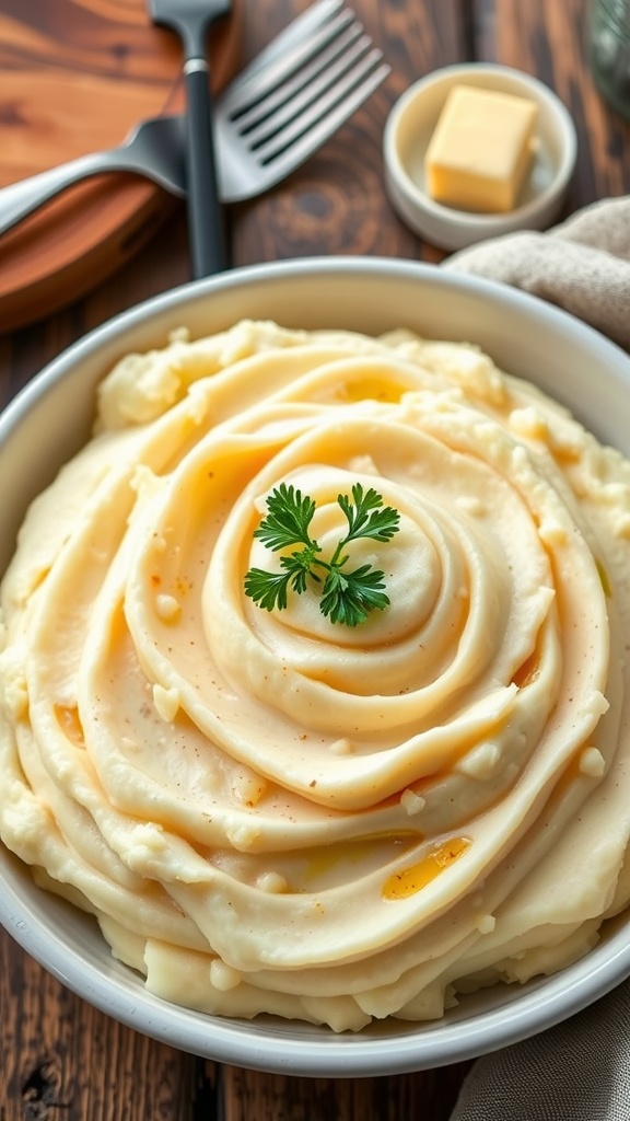 Creamy garlic mashed potatoes in a bowl, garnished with parsley on a rustic table.
